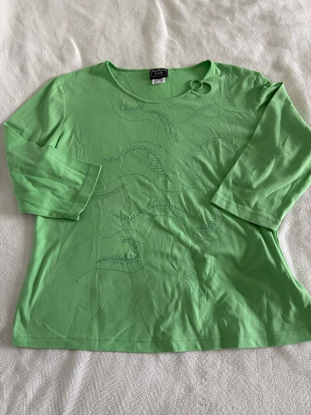 Southern Lady Women's Lime Green 3/4 Sleeve Top with Embroidered Details and Rin